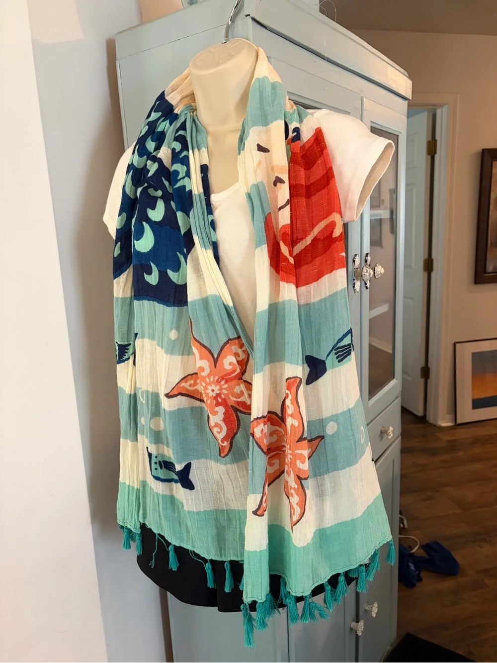 Spartina 449 Teal Navy Coral Fish Motif Linen Wrap